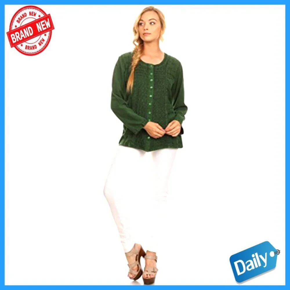 Long Sleeve Blouse with Adjustable Back Straps, 100% Rayon, Button Front